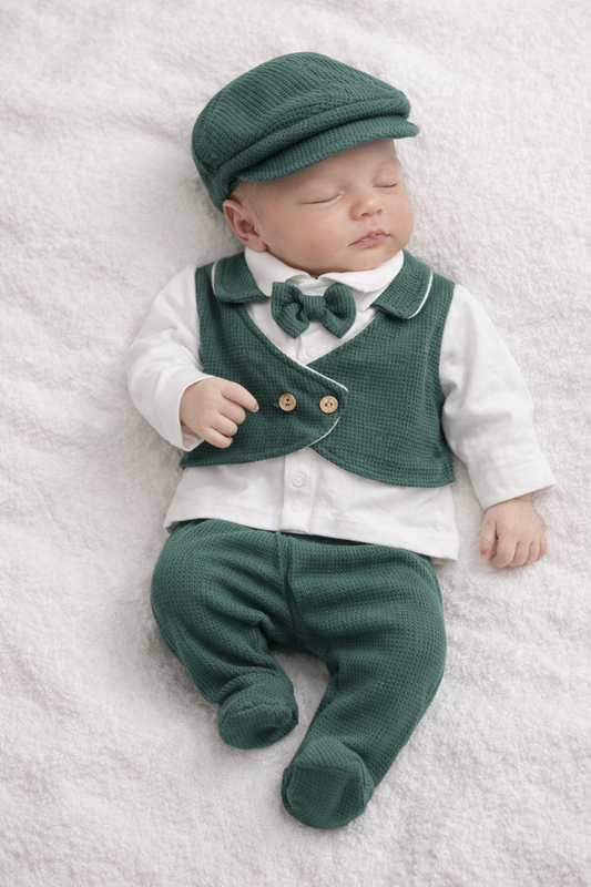Елегантен бебешки комплект с елек, папионка, каскет и лигавче