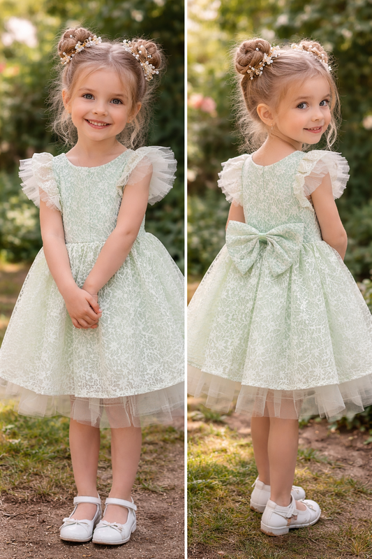 Официална детска рокля от дантела в ментово зелено
