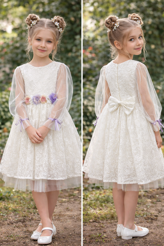 Официална детска рокля от дантела с тюл и декоративни цветя – бяла