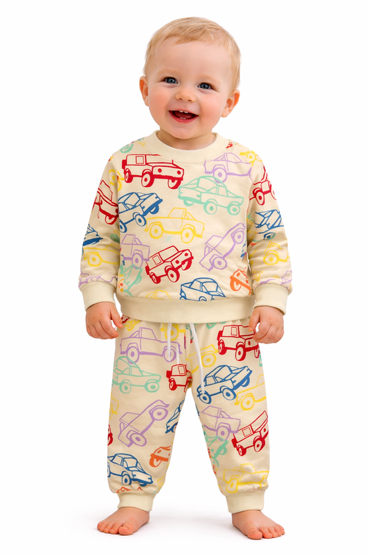 Детски комплект от две части с цветна щампа на коли