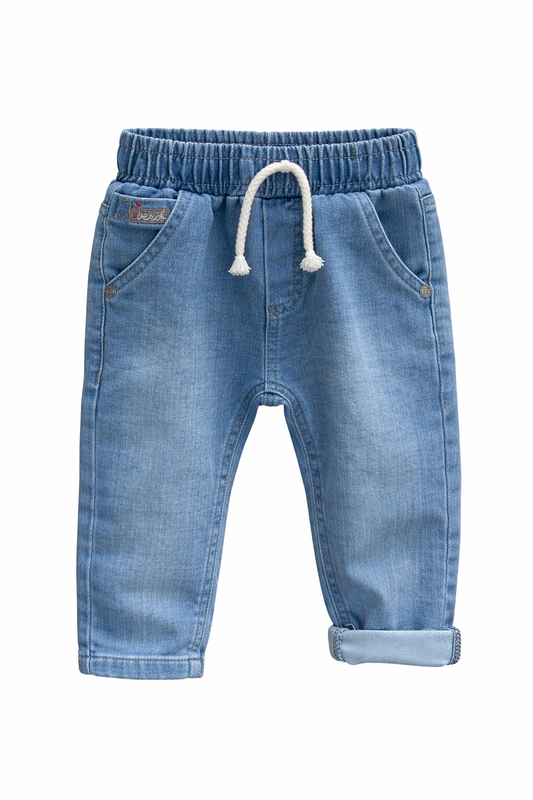 Детски дънков панталон тип jogger с ластик и връзки – светъл деним