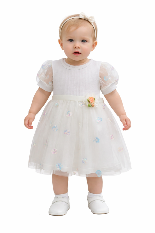 Бебешка официална рокля от тюл с пайети и декоративно цвете