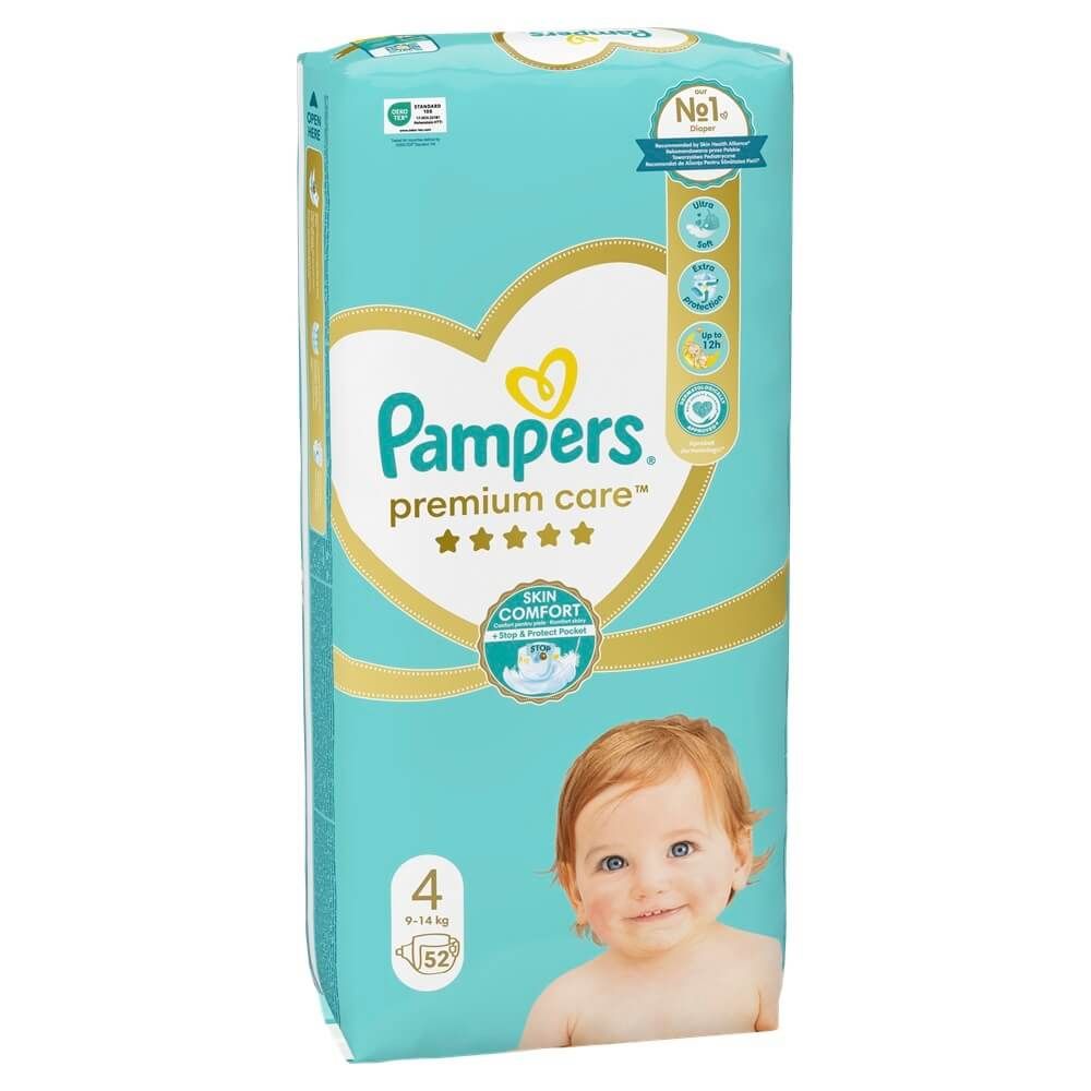 Pampers Premium Care – Размер 4 (9–14 кг), 52 бр.