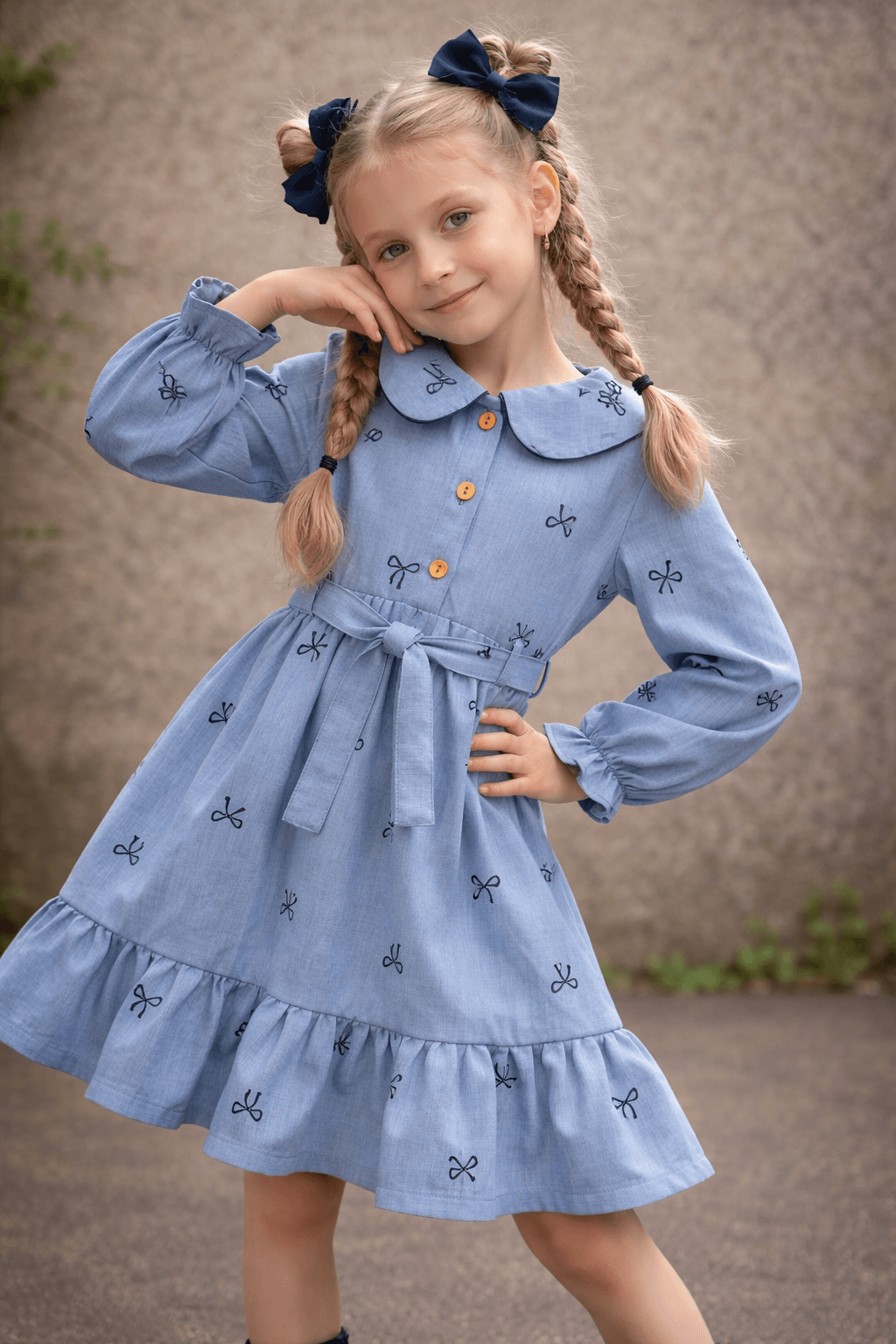 Детска рокля в син деним с панделки и колан