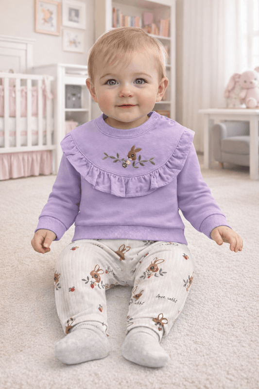 Бебешки комплект от две части с бродирано зайче в лилаво