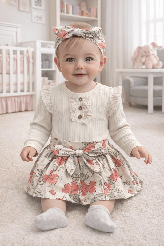 Бебешки комплект от три части с пола и лента за коса – флорален десен