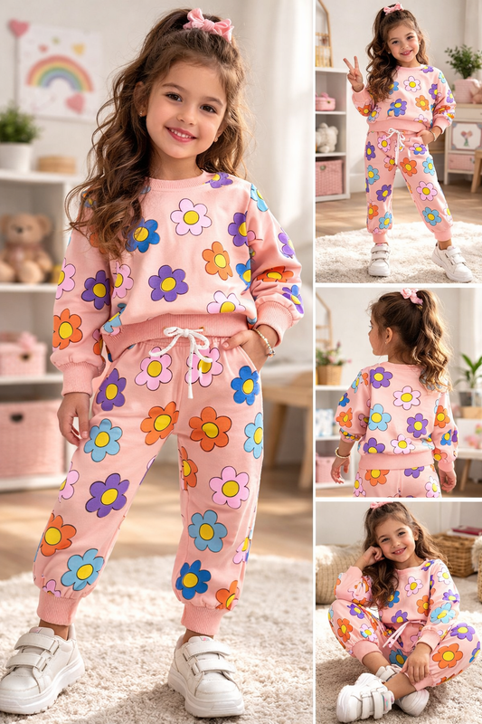 Детски спортен комплект с цветя – розов