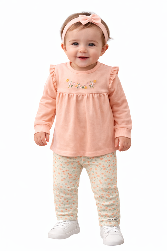 Детски комплект за момиче с бродерия и флорален клин