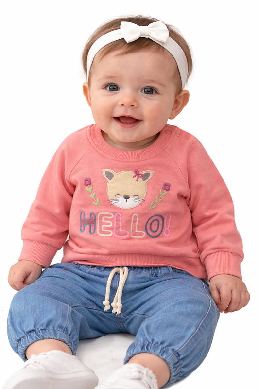 Бебешки комплект за момиче HELLO с бродерия и дънкови панталонки