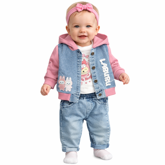 Детски комплект от 3 части за момиче – дънково яке с качулка, блузка и дънки