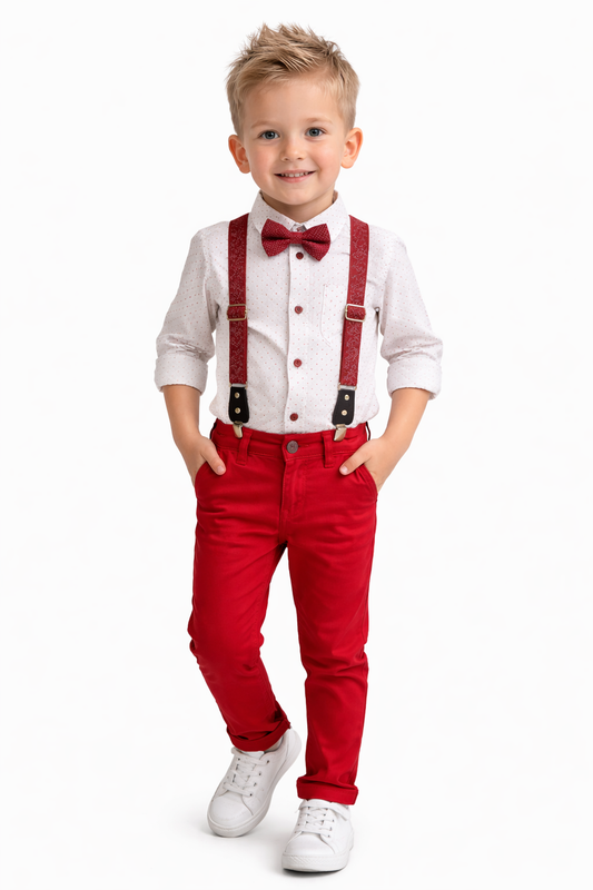 Официален детски комплект за момче в тъмно червен цвят – риза, панталон, тиранти и папийонка