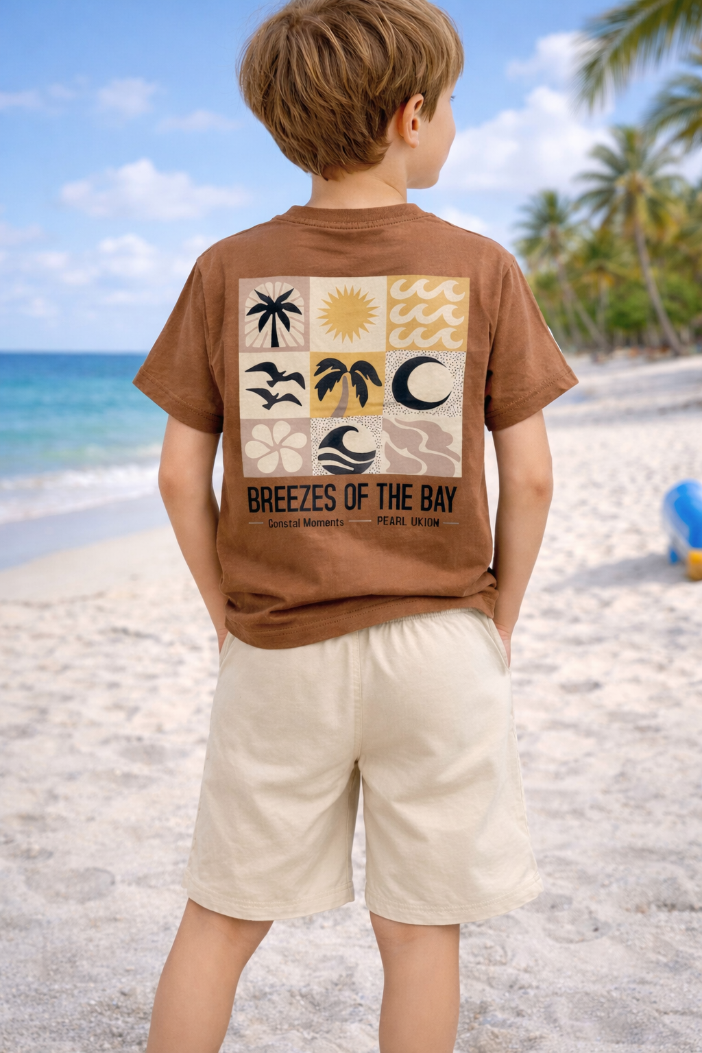 Детски летен комплект за момче – кафява тениска и бежови къси панталони