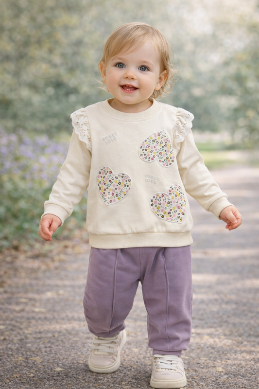 Бебешки комплект Sweet Love – блуза със сърца и лилав панталон