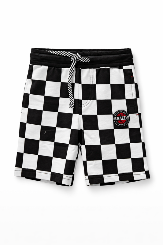 Детски къси панталонки Fast Race – черно-бял шахматен десен